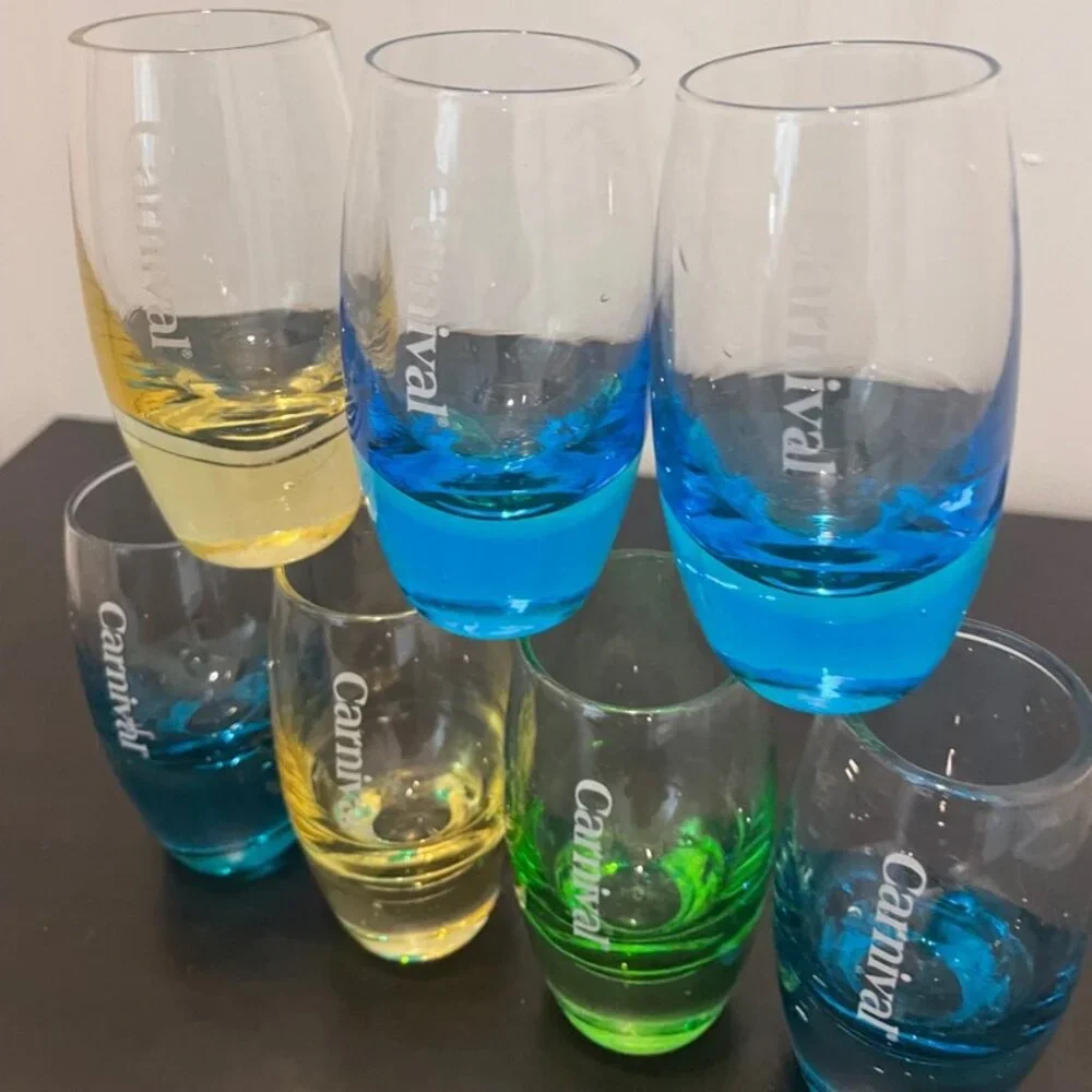 Carnival Cruise Line etched shot glasses SET OF 7 oval shape versatile aesthetic